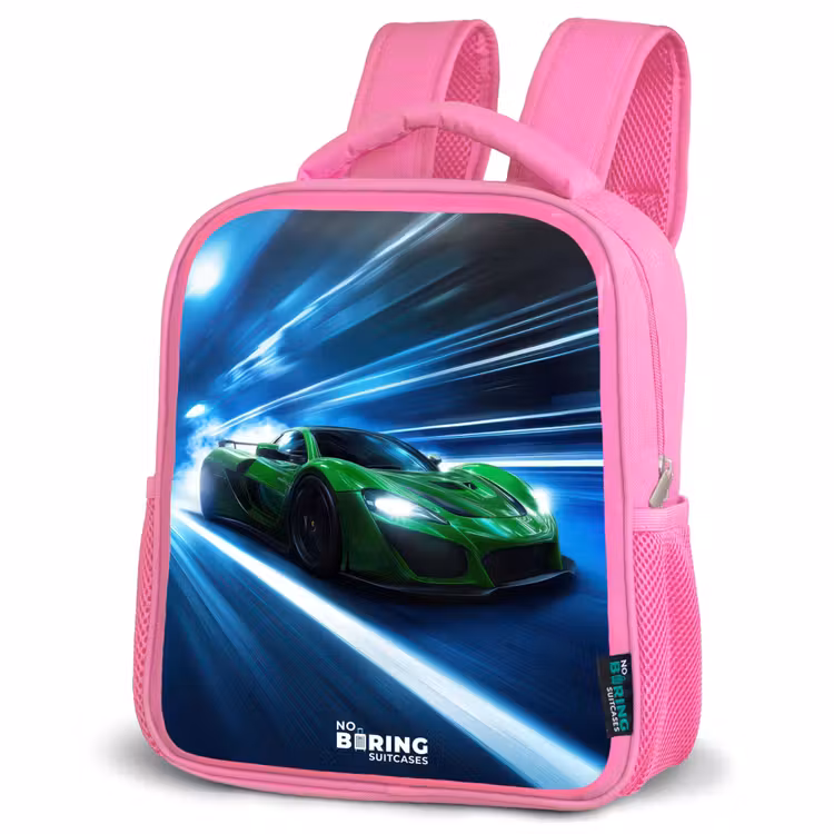 Kinderrugzak - Roze - Groene supercar flitst door neonlicht — 4