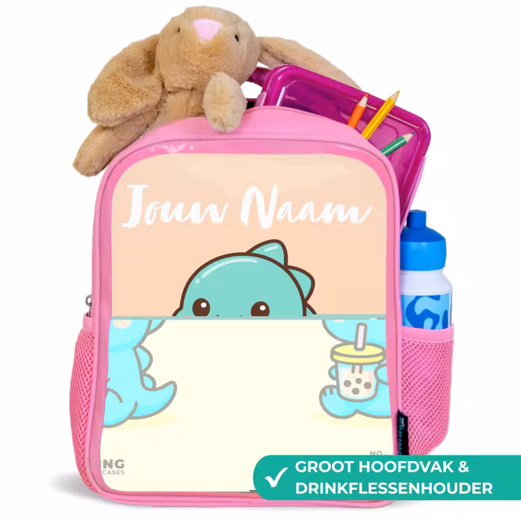 Kinderrugzak met naam - Roze - Kawai - Dino - Bubbletea — 2