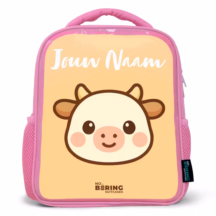 Kinderrugzak met naam - Roze - Kawai - Koe - Bruin — 1