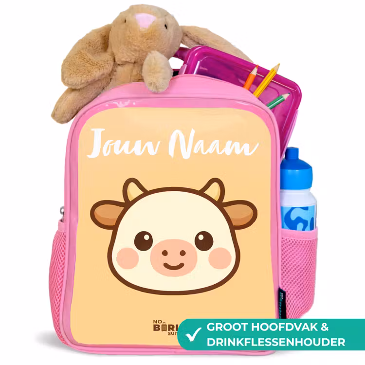 Kinderrugzak met naam - Roze - Kawai - Koe - Bruin — 2