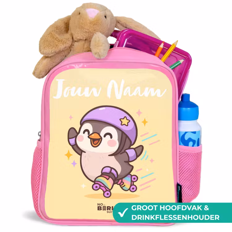 Kinderrugzak met naam - Roze - Kawai - Pinguin - Rolschaatsen β 2