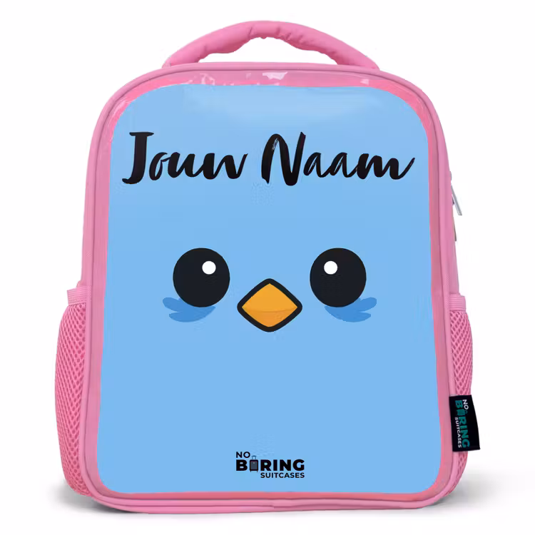 Kinderrugzak met naam - Roze - Kawai - Vogel - Blauw — 1
