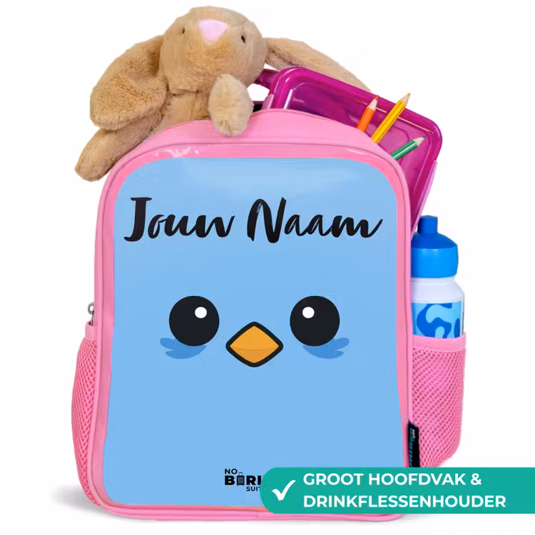 Kinderrugzak met naam - Roze - Kawai - Vogel - Blauw — 2