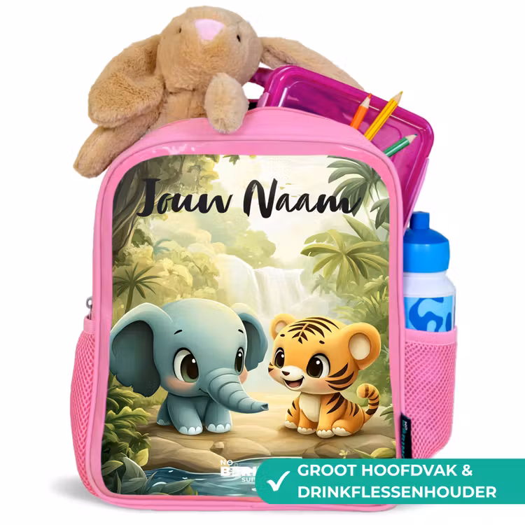 Kinderrugzak met naam - Roze - Olifant - Tijger - Bos - Jungle — 2