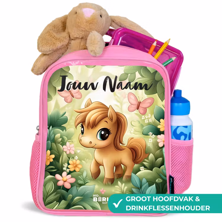 Kinderrugzak met naam - Roze - Paard - Bloemen - Vlinders — 2