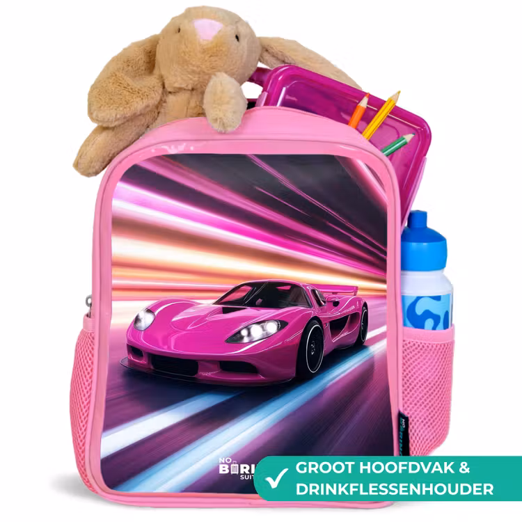 Kinderrugzak - Roze - Roze raceauto flitst door neonlicht β 2