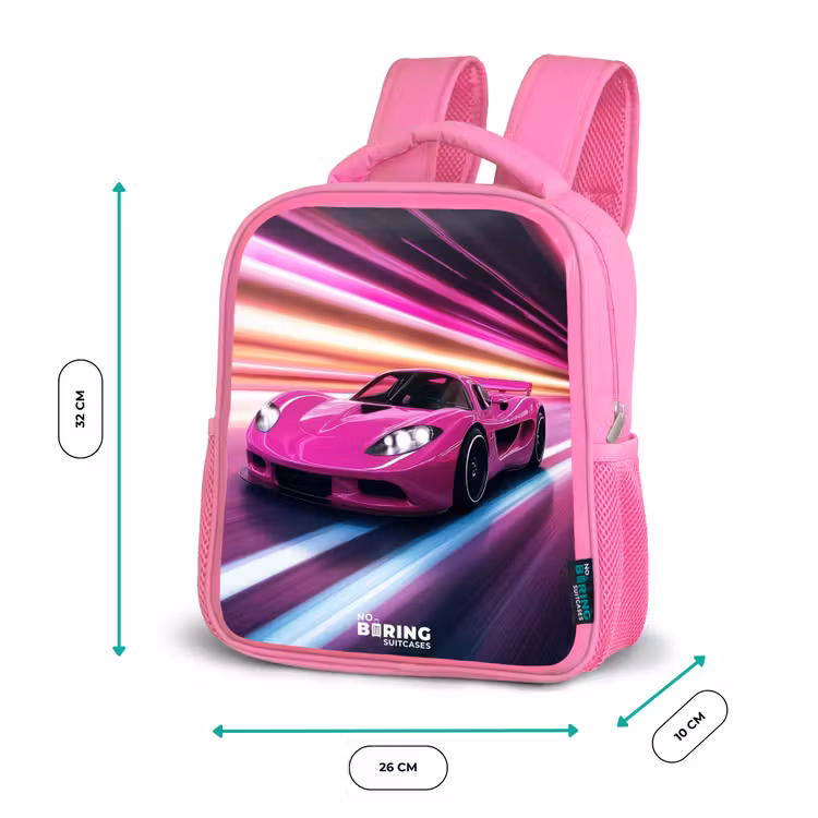 Kinderrugzak - Roze - Roze raceauto flitst door neonlicht β 3
