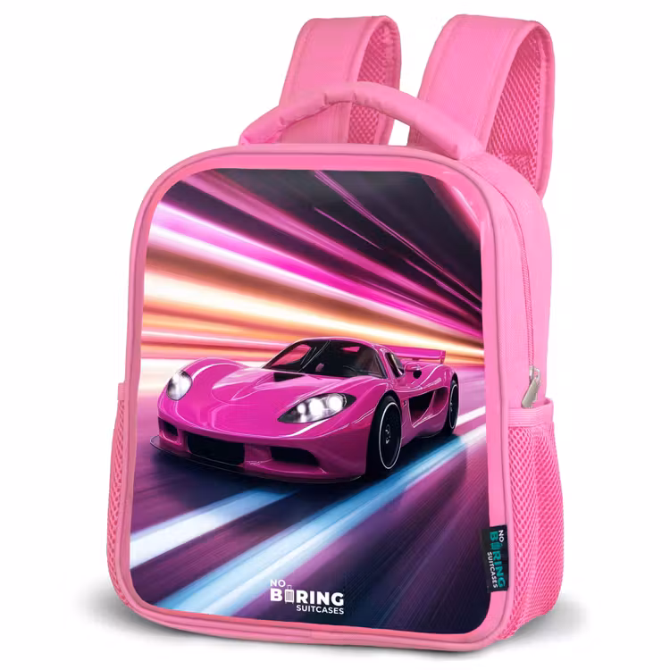Kinderrugzak - Roze - Roze raceauto flitst door neonlicht β 4