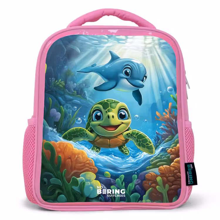 Kinderrugzak - Roze - Schildpad en dolfijn in blauwe oceaan — 1
