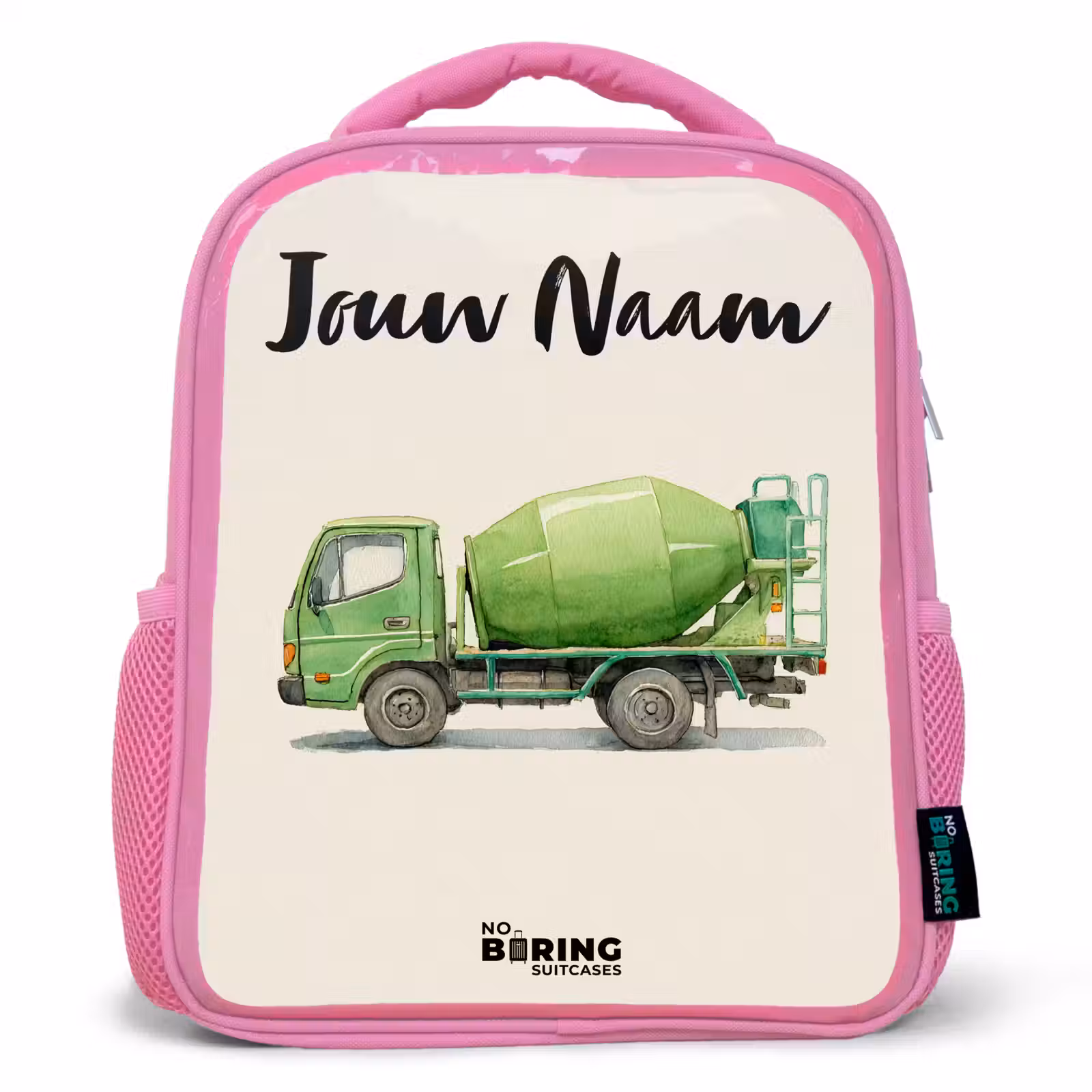 Kinderrugzak met naam - Roze - Betonmixer - Getekend - Groen — 1