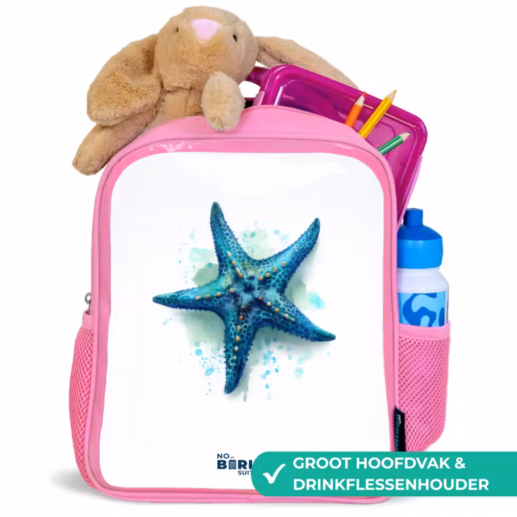 Kinderrugzak - Roze - Blauwe Zeester op Witte Achtergrond — 2