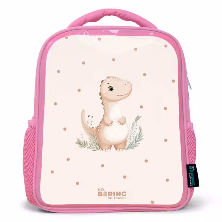 Kinderrugzak - Roze - Beige dino op een stippen achtergrond — 1