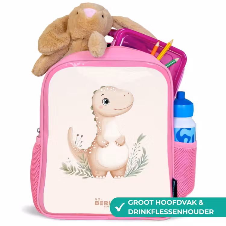 Kinderrugzak - Roze - Beige dinosaurus met groene blaadjes — 2