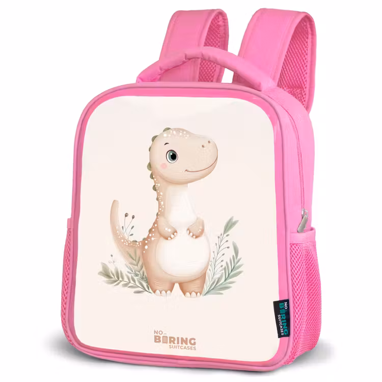 Kinderrugzak - Roze - Beige dinosaurus met groene blaadjes — 4