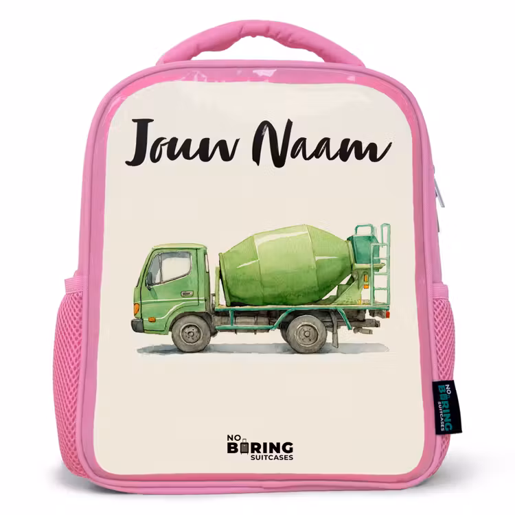 Kinderrugzak met naam - Roze - Betonmixer - Getekend - Groen — 1