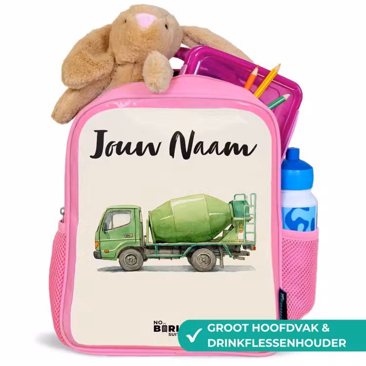 Kinderrugzak met naam - Roze - Betonmixer - Getekend - Groen — 2