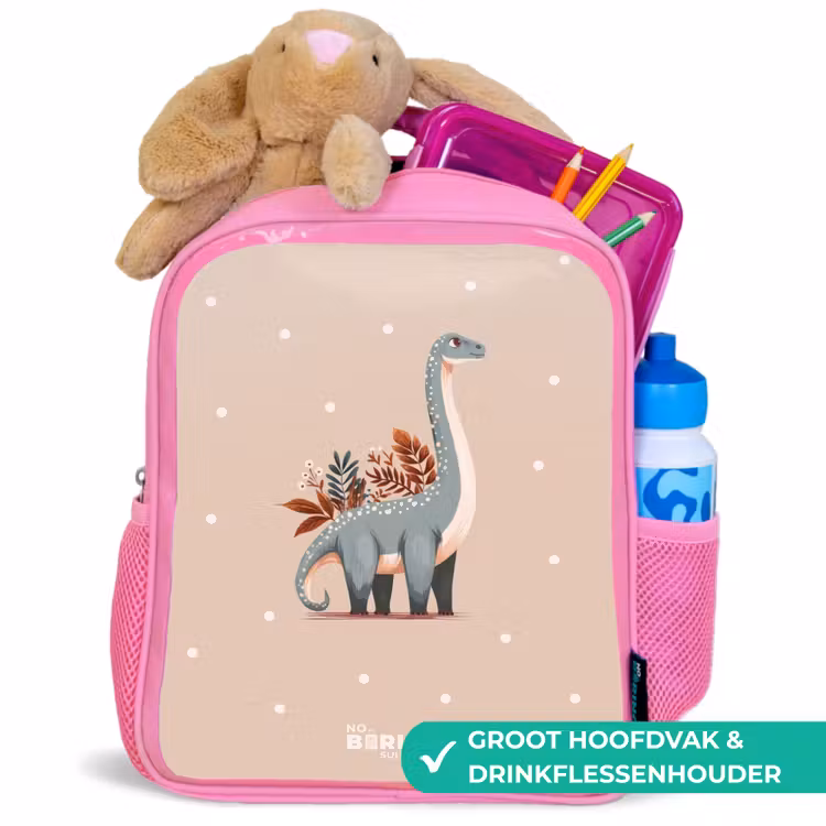 Kinderrugzak - Roze - Blauwe dinosaurus op een beige stippenachtergrond — 2