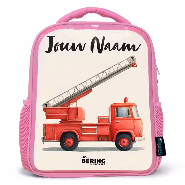 Kinderrugzak met naam - Roze - Brandweerwagen - Getekend - Rood — 1