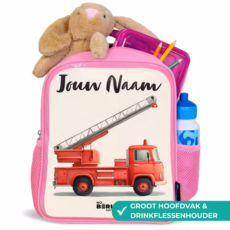 Kinderrugzak met naam - Roze - Brandweerwagen - Getekend - Rood — 2