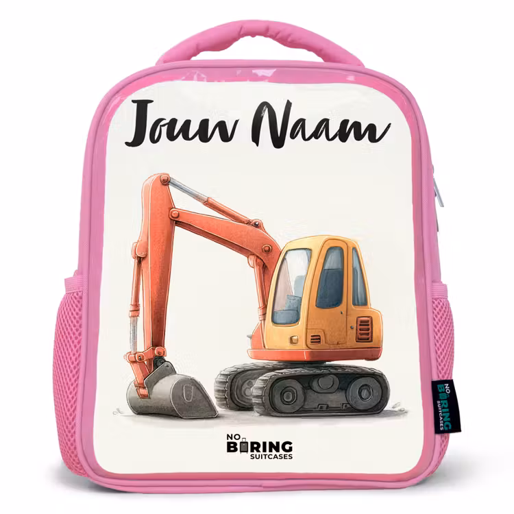 Kinderrugzak met naam - Roze - Graafmachine - Getekend - Oranje — 1