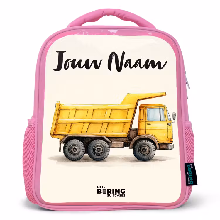 Kinderrugzak met naam - Roze - Kiepwagen - Getekend - Geel — 1