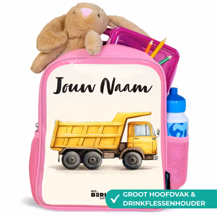 Kinderrugzak met naam - Roze - Kiepwagen - Getekend - Geel — 2