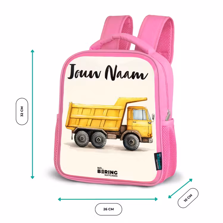 Kinderrugzak met naam - Roze - Kiepwagen - Getekend - Geel — 3