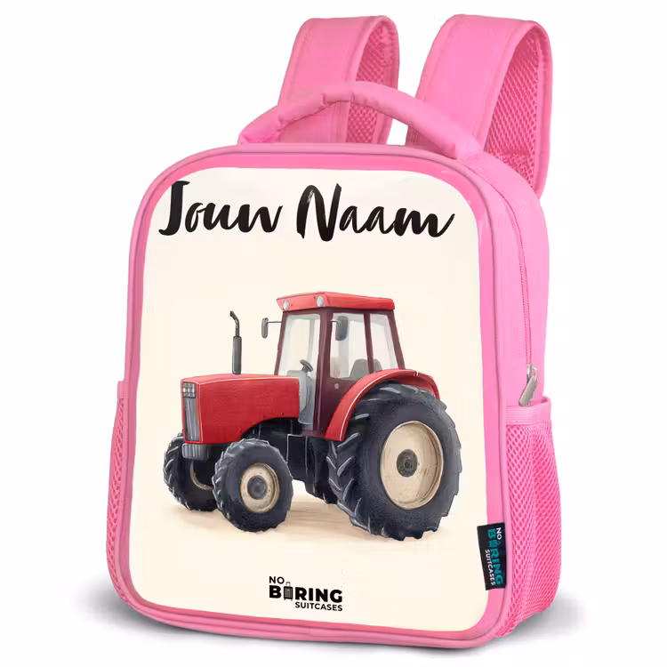 Kinderrugzak met naam - Roze - Tractor - Getekend - Rood — 4