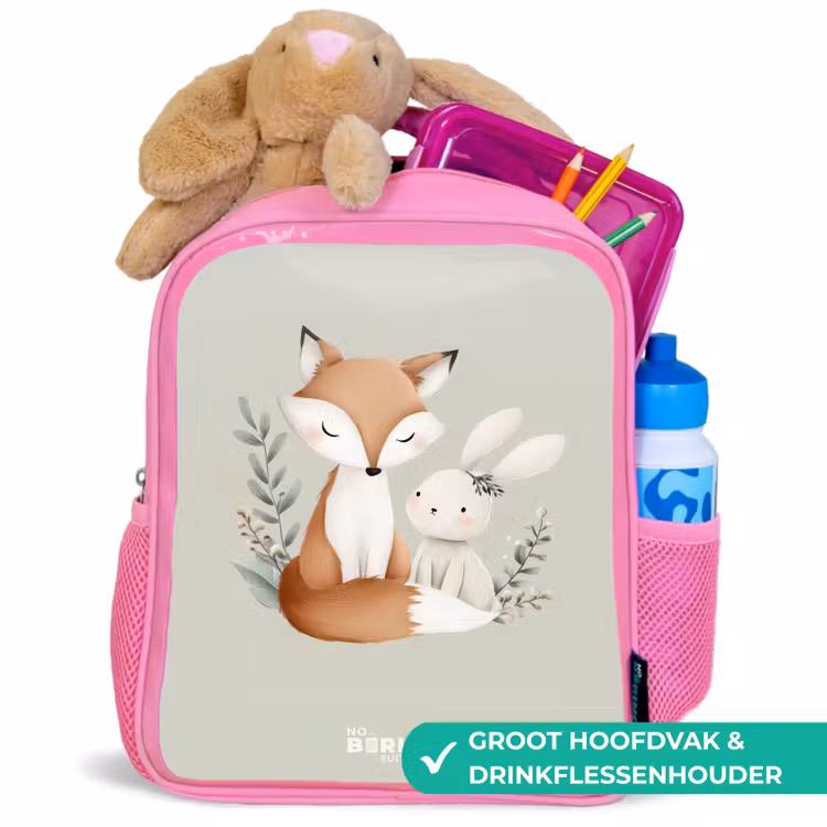 Kinderrugzak - Roze - Vos en konijn omringd door groene blaadjes β 2