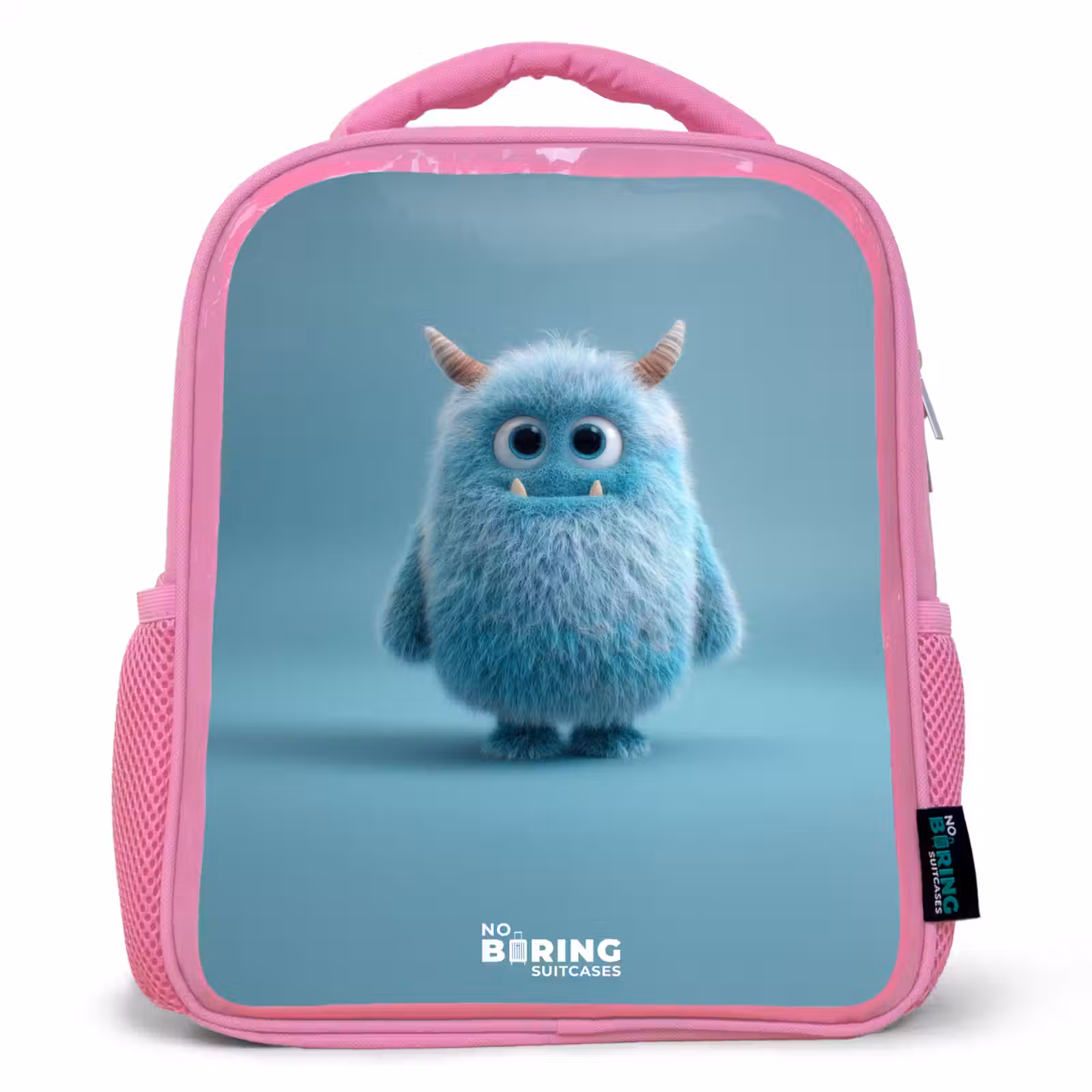 Kinderrugzak - Roze - Blauw pluizig monster met hoorns — 1