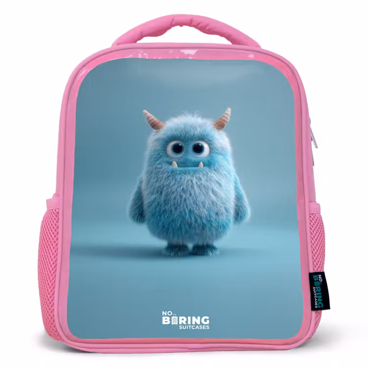 Kinderrugzak - Roze - Blauw pluizig monster met hoorns — 1