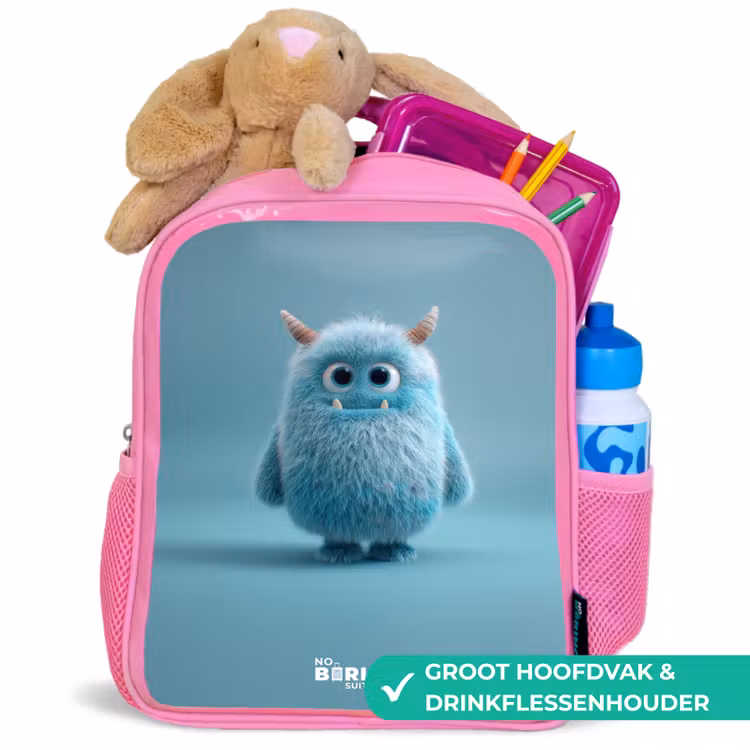 Kinderrugzak - Roze - Blauw pluizig monster met hoorns — 2