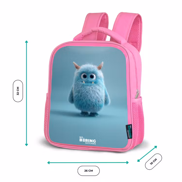 Kinderrugzak - Roze - Blauw pluizig monster met hoorns — 3