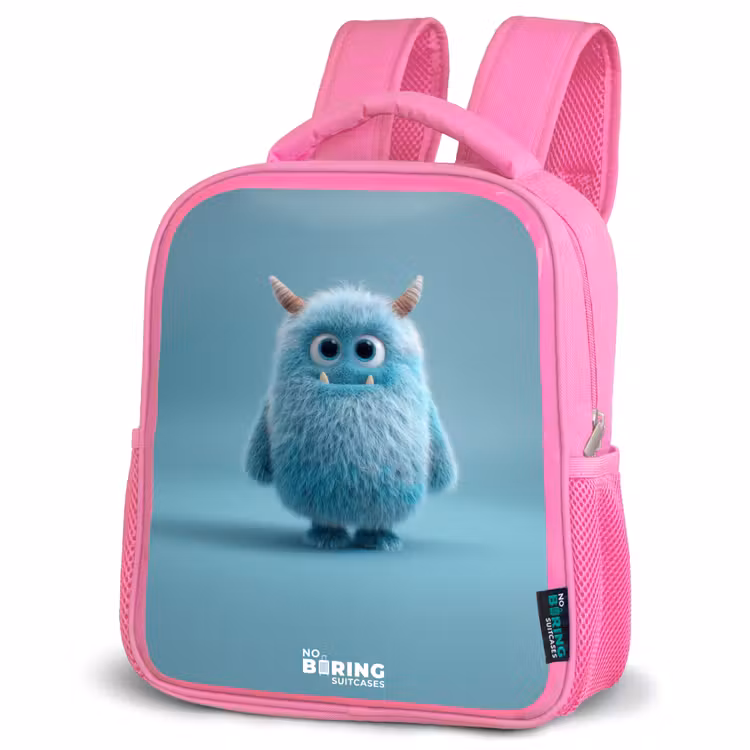 Kinderrugzak - Roze - Blauw pluizig monster met hoorns — 4