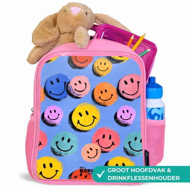 Kinderrugzak - Roze - Een speels en kunstzinnig patroon van kleurrijke smileys — 2
