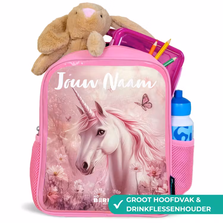 Kinderrugzak met naam - Roze - Eenhoorn - Roze - Vlinder - Bloemen — 2
