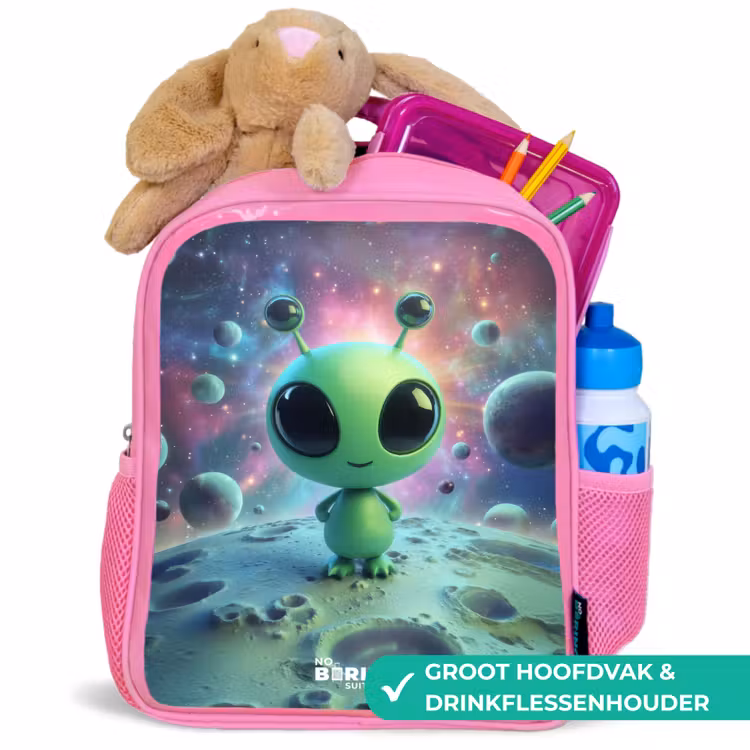 Kinderrugzak - Roze - Groen buitenaards wezentje op maanlandschap — 2