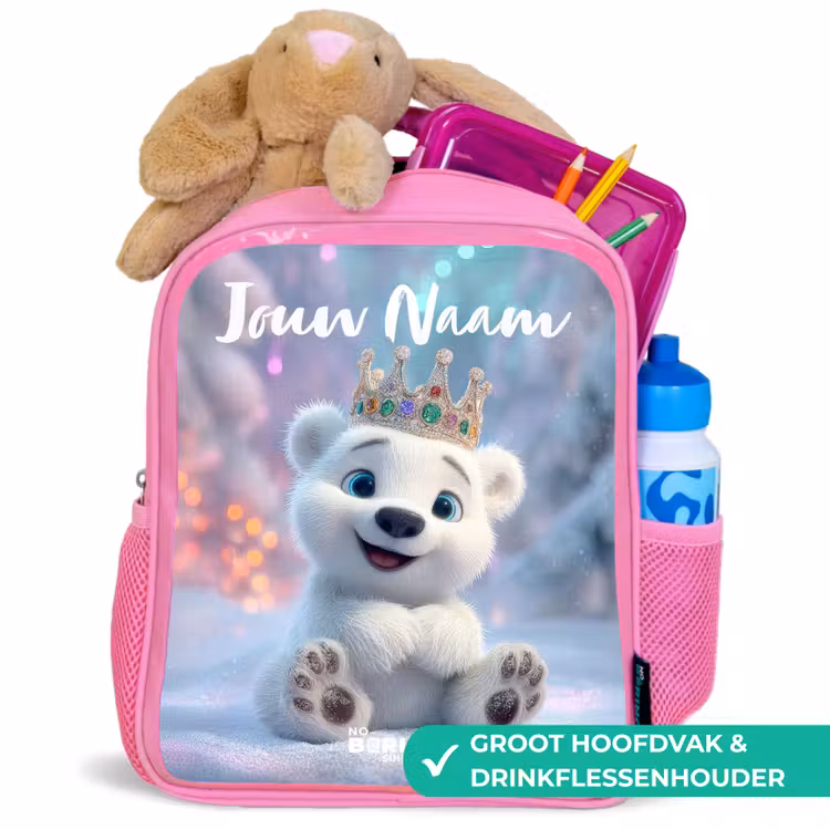 Kinderrugzak met naam - Roze - Ijsbeer - Kroon - Winter — 2