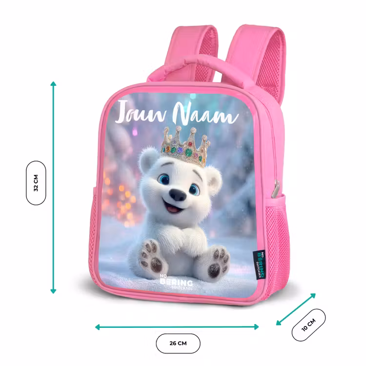 Kinderrugzak met naam - Roze - Ijsbeer - Kroon - Winter — 3