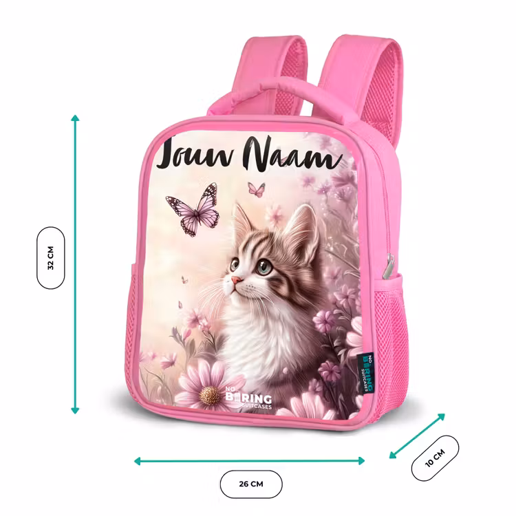 Kinderrugzak met naam - Roze - Kitten - Vlinders - Paars - Bloemen β 3