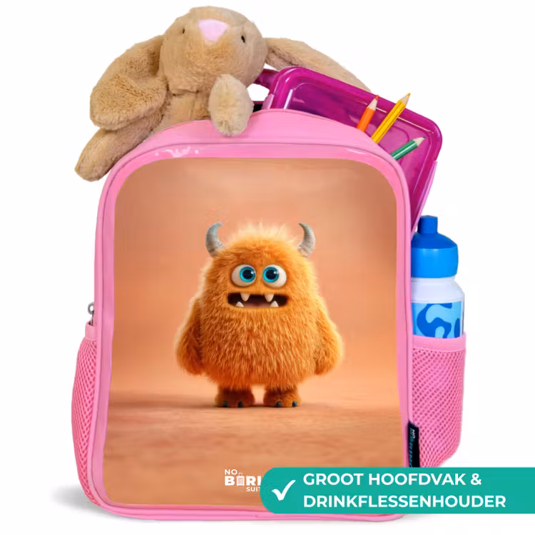 Kinderrugzak - Roze - Oranje Pluizig Monster met Hoorns — 2