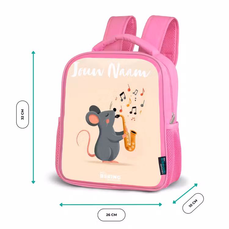 Kinderrugzak met naam - Roze - Muis - Saxofoon - Muziek — 3
