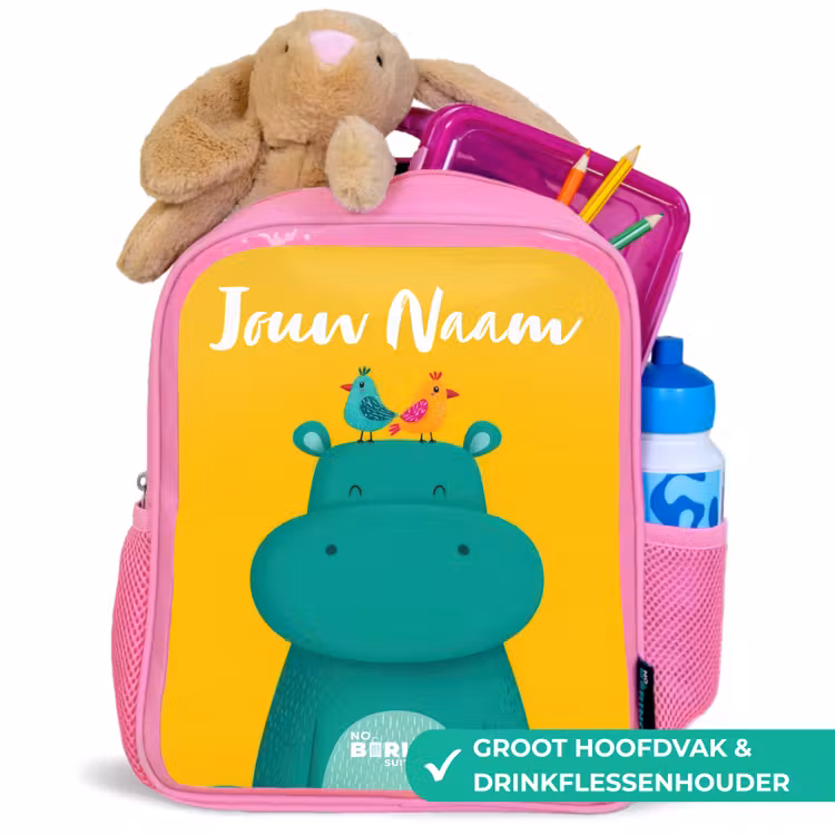 Kinderrugzak met naam - Roze - Nijlpaard - Vogels - Geel â 2