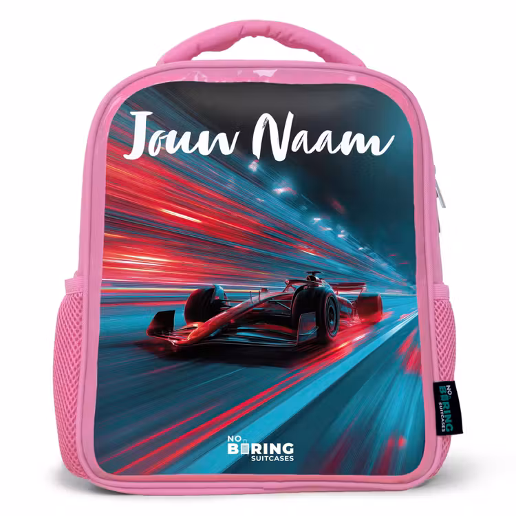 Kinderrugzak met naam - Roze - Formule 1 - Raceauto - Rood - Neonverlichting β 1