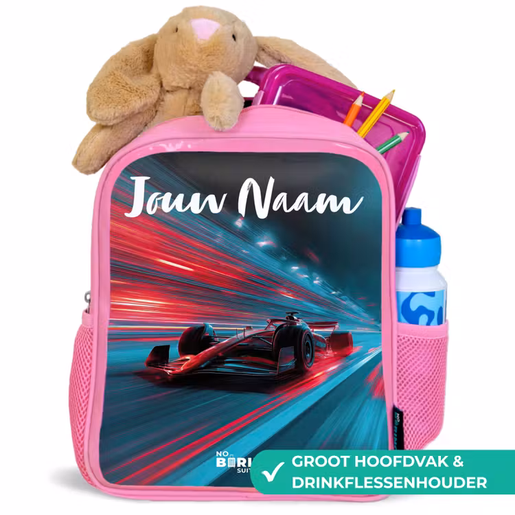 Kinderrugzak met naam - Roze - Formule 1 - Raceauto - Rood - Neonverlichting β 2