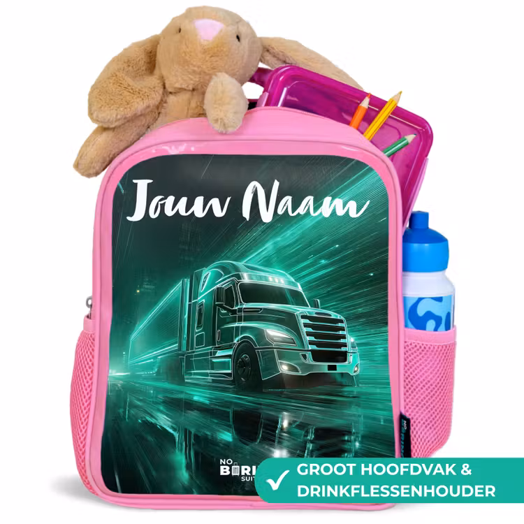 Kinderrugzak met naam - Roze - Vrachtwagen - Stad - Groen - Neon β 2