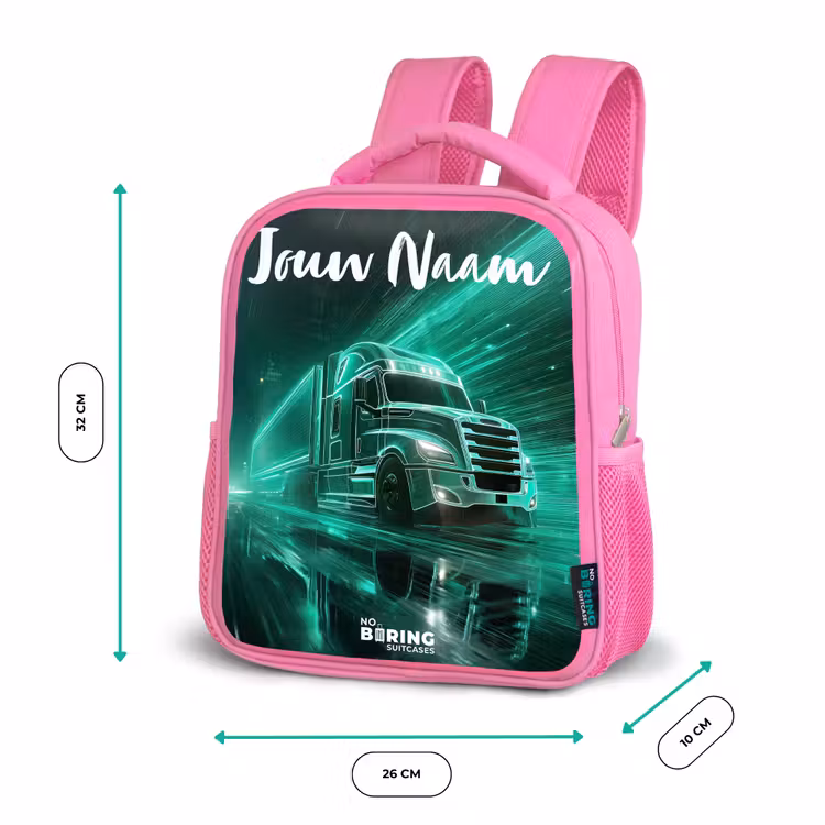 Kinderrugzak met naam - Roze - Vrachtwagen - Stad - Groen - Neon β 3