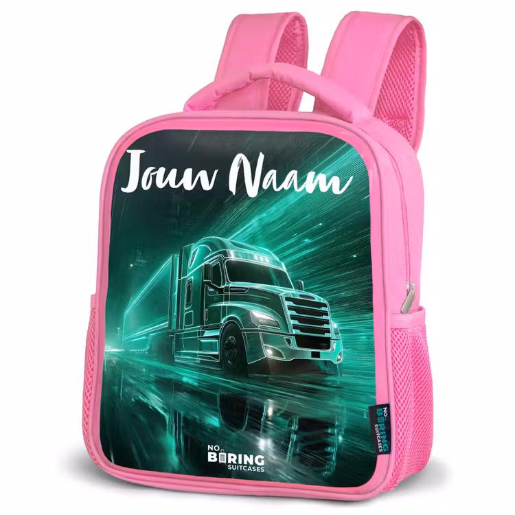 Kinderrugzak met naam - Roze - Vrachtwagen - Stad - Groen - Neon β 4