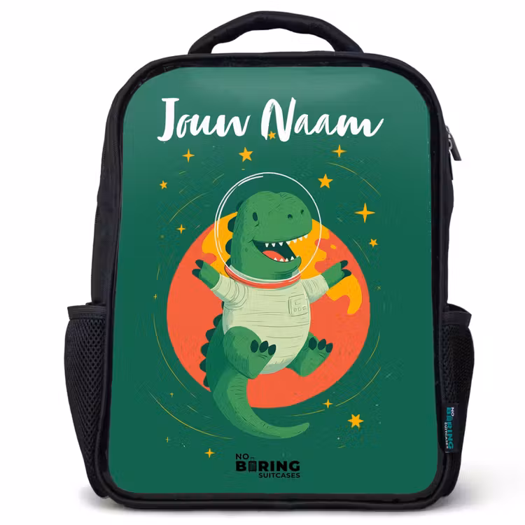 Kinderrugzak met naam - Zwart - Dino - Planeet - Sterren - Groen — 1