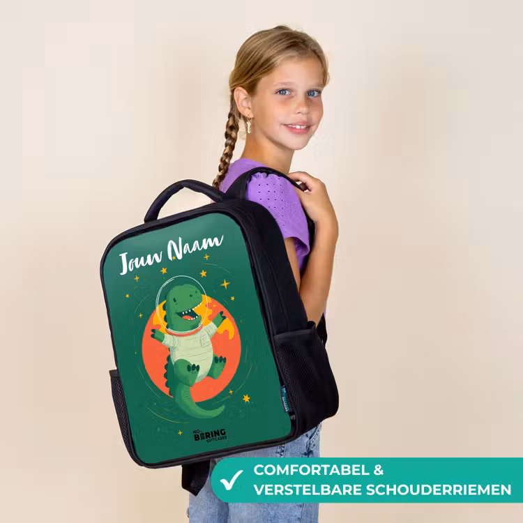 Kinderrugzak met naam - Zwart - Dino - Planeet - Sterren - Groen — 3
